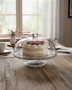 BOLEIRA E CENTRO DE MESA COM PÉ E TAMPA DE VIDRO.