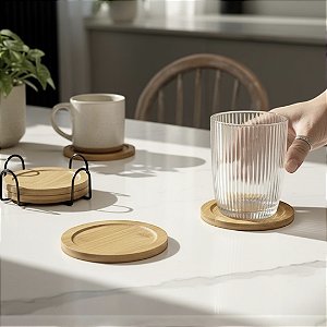 KIT 4 PORTA COPOS COM SUPORTE BAMBU E FERRO 11X11CM