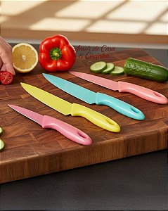 KIT 4 FACAS COLORIDAS AÇO INOX CABO ERGONÔMICO