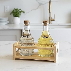 CONJUNTO 2 GALHETEIROS E SUPORTE DE BAMBU 180 ML PERSONALIZADO