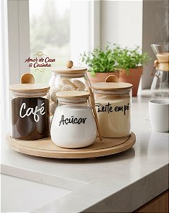 KIT 5 PEÇAS POTES E BANDEJA GIRATÓRIA DE BAMBU