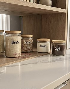 KIT 4 POTES DE VIDRO TAMPA DE BAMBU OASIS PERSONALIZADO