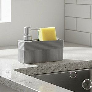 PORTA DETERGENTE LÍQUIDO COM SUPORTE PARA ESPONJA VELINEA 490ML CINZA