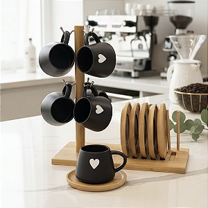 CONJUNTO 6 XÍCARAS PRETA  DE CAFÉ  COM SUPORTE DE BAMBU GRANFINE 90ML
