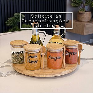 KIT 7 PEÇAS POTE GALHETEIRO TEMPERO E BANDEJA GIRATÓRIA