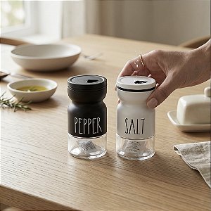 SALEIRO E PIMENTEIRO DE VIDRO COM TAMPA DE METAL BRANCO E PRETO 120ML
