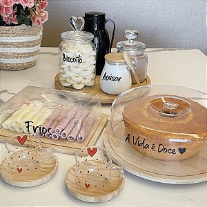 KIT MESA POSTA 11 PEÇAS BAMBU E VIDRO BOLEIRA POTES XÍCARA