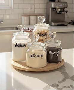 KIT 5 PEÇAS 4 POTES CORAÇÃO E BANDEJA GIRATÓRIA