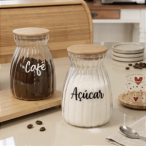 KIT 2 POTES CANELADO GLASS TAMPA DE BAMBU 1,1 L PERSONALIZADO
