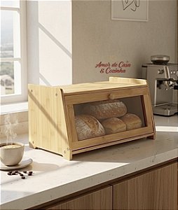 PORTA PÃO BAMBU COM TAMPA VISOR FRONTAL 35CM