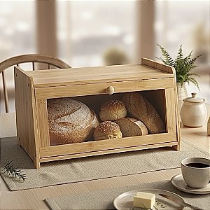 PORTA PÃO BAMBU COM TAMPA VISOR  FRONTAL 35CM