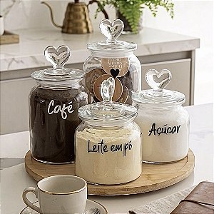 KIT 5 PEÇAS 4 POTES CORAÇÃO HÉRMETICO BANDEJA GIRATÓRIA