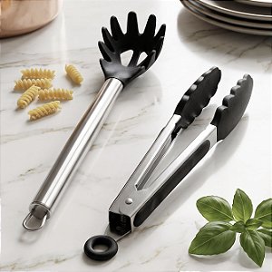 COMBO 2 PEGADORES DE ESPAGUETE E SALADA PRETO COM CABO INOX