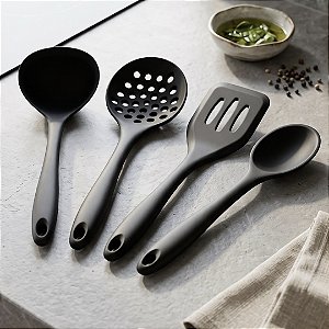 COMBO 4 PEÇAS DE SILICONE CONCHA COLHER ESCUMADEIRA ESPATULA PRETO