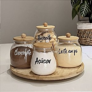 KIT 5 PEÇAS LADY 4 POTES DE VIDRO E BAMBU BANDEJA GIRATÓRIA