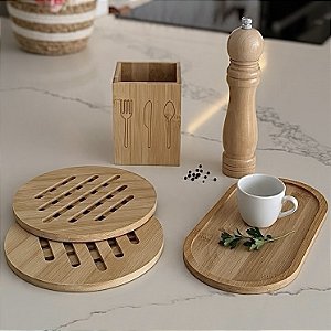 KIT 5 PEÇAS DE BAMBU BANDEJA MOEDOR DESCANSO PORTA TALHER