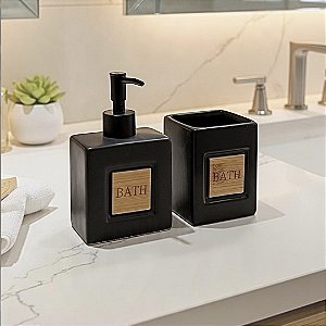 JOGO DE BANHEIRO BATH 2 PEÇAS CERÂMICA E BAMBU PRETO BRANCO
