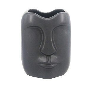 VASO DE CERÂMICA PRETO COM FORMATO DE ROSTO