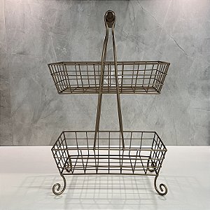 FRUTEIRA DUPLA DE METAL DOURADA  ALÇA DE MADEIRA