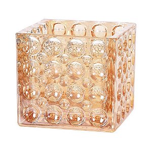 VASO EM VIDRO ÂMBAR DECORATIVO QUADRADO COM RELEVOS CIRCULARES