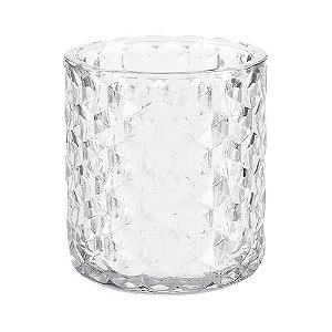 VASO DE VIDRO DECORATIVO TRANSPARENTE REDONDO COM RELEVOS TRIANGULARES