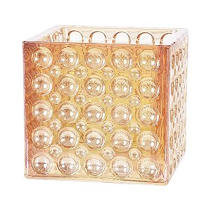 VASO DE VIDRO DOURADO DECORATIVO QUADRADO COM PEQUENOS RELEVOS REDONDOS