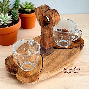CONJUNTO 2 XICARAS COM PIRES PARA CAFÉ E SUPORTE DE MADEIRA TECA