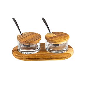 CONJUNTO 2 PORTA GELÉIA VIDRO COM TÁBUA MADEIRA TECA E COLHER