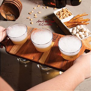 CONJUNTO 3 COPOS PARA CERVEJA COM SUPORTE MADEIRA TECA
