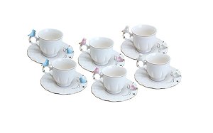CONJUNTO 6 XÍCARAS CAFÉ PORCELANA BIRDS ROUND PLATE COLORIDO