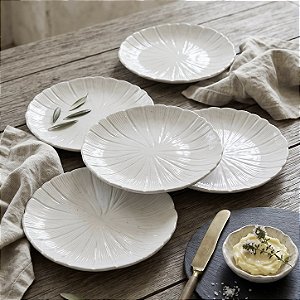 KIT 5 PRATOS DE CERÂMICA BANANA LEAF BRANCO 20CM