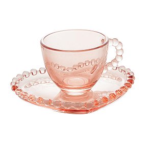 CONJUNTO 4 XÍCARAS CAFÉ CRISTAL DE CHUMBO COM PIRES CORAÇÃO PEARL ROSA 85ml