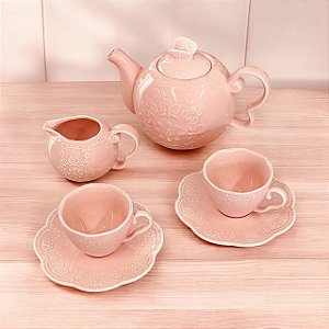 CONJUNTO 4 PEÇAS PARA CHÁ DE PORCELANA BUTTERFLY ROSA