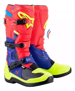 BOTA ALPINESTARS TECH 3 VERMELHO AZUL ESCURO AMARELO FLUO 10
