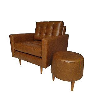 Poltrona e Puff Living Couro Legítimo Wood Envelhecido