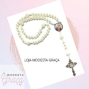 Terço luxo pérlas brancas  entremeio imaculado coração de Maria