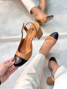 Slingback Feminino Sara Couro legítimo Camel/preto