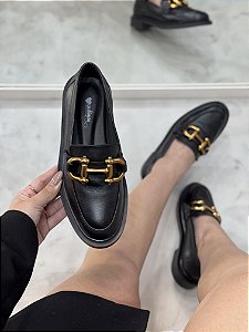 Mocassim Feminino Bruna em Couro Preto