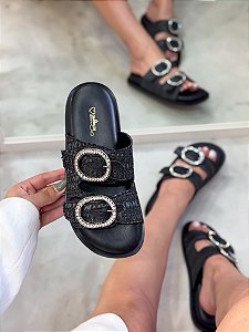 Birken Feminina Aurora Preta em Palha e Couro legítimo