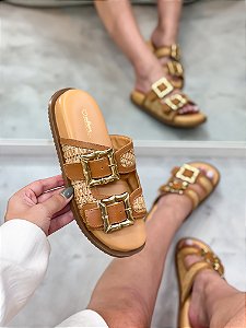 Birken Feminina Sabrina Camel em Palha e Couro legítimo