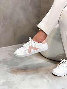 Tênis Feminino Francine Branco/Rosa em Couro