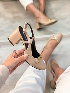 Slingback Feminino Gabi Nude em Couro legítimo