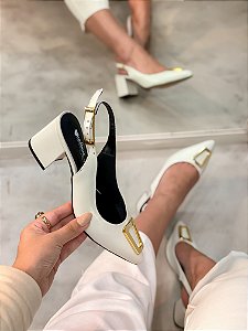 Slingback Valentina Branco em Couro legítimo Salto Baixo