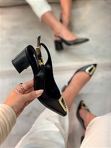 Slingback Valentina Preto em Couro legítimo Salto Baixo