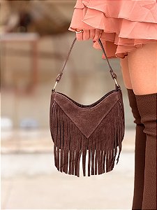 Bolsa de Franja Marina Marrom em Couro Camurça