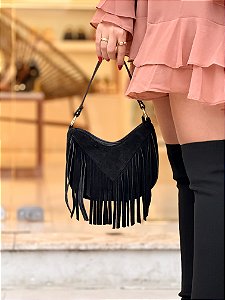 Bolsa de Franja Marina Preta em Couro Camurça