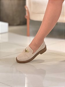 Mocassim Feminino Marina Nude Camurça em Couro legítimo