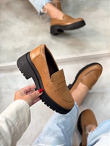 Mocassim Feminino Domenica Camel em Couro legítimo