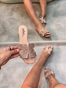 Rasteira Feminina Hayla Nude com Strass