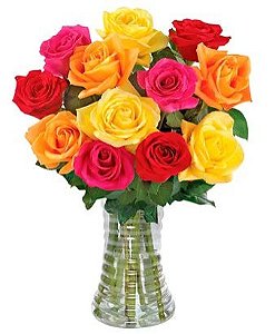 12 Rosas Coloridas no Vaso